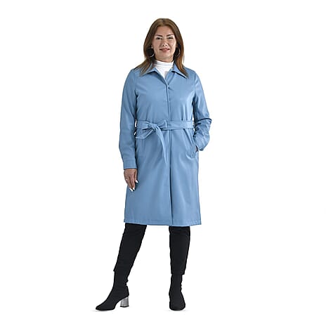 TAMSY Long Coat with Two Pockets and Adjustable Waist Belt (Size XL,20-22) - Blue