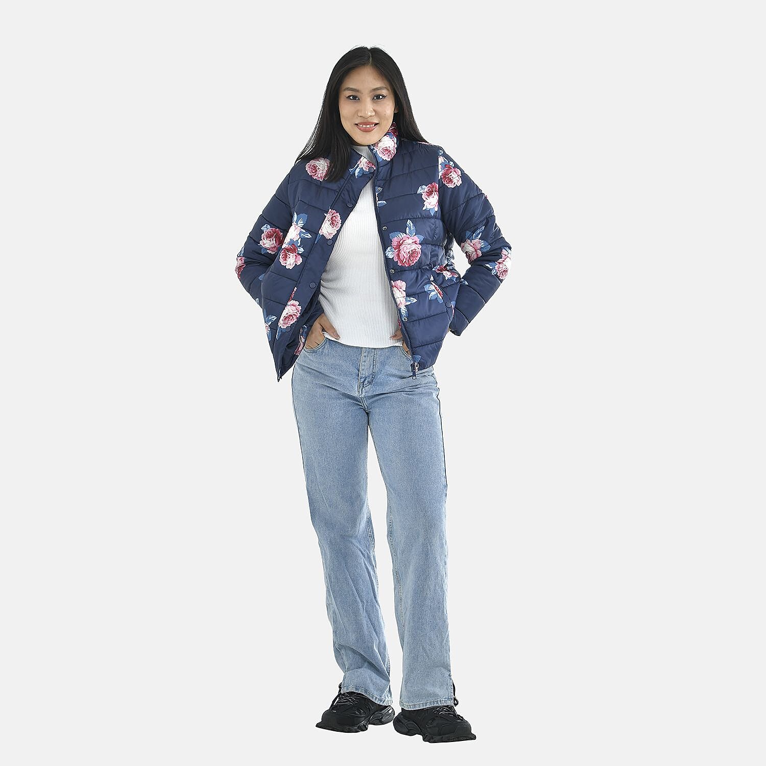 TAMSY Peony Patterned Padded Jacket with 2 Side Pockets (Size M, 104x63 cm) - Navy