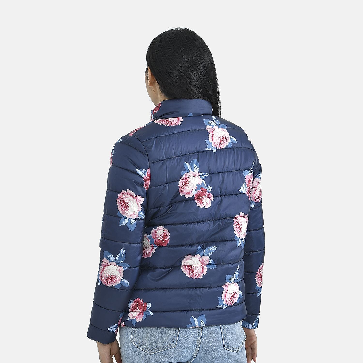 TAMSY Peony Patterned Padded Jacket with 2 Side Pockets (Size M, 104x63 cm) - Navy