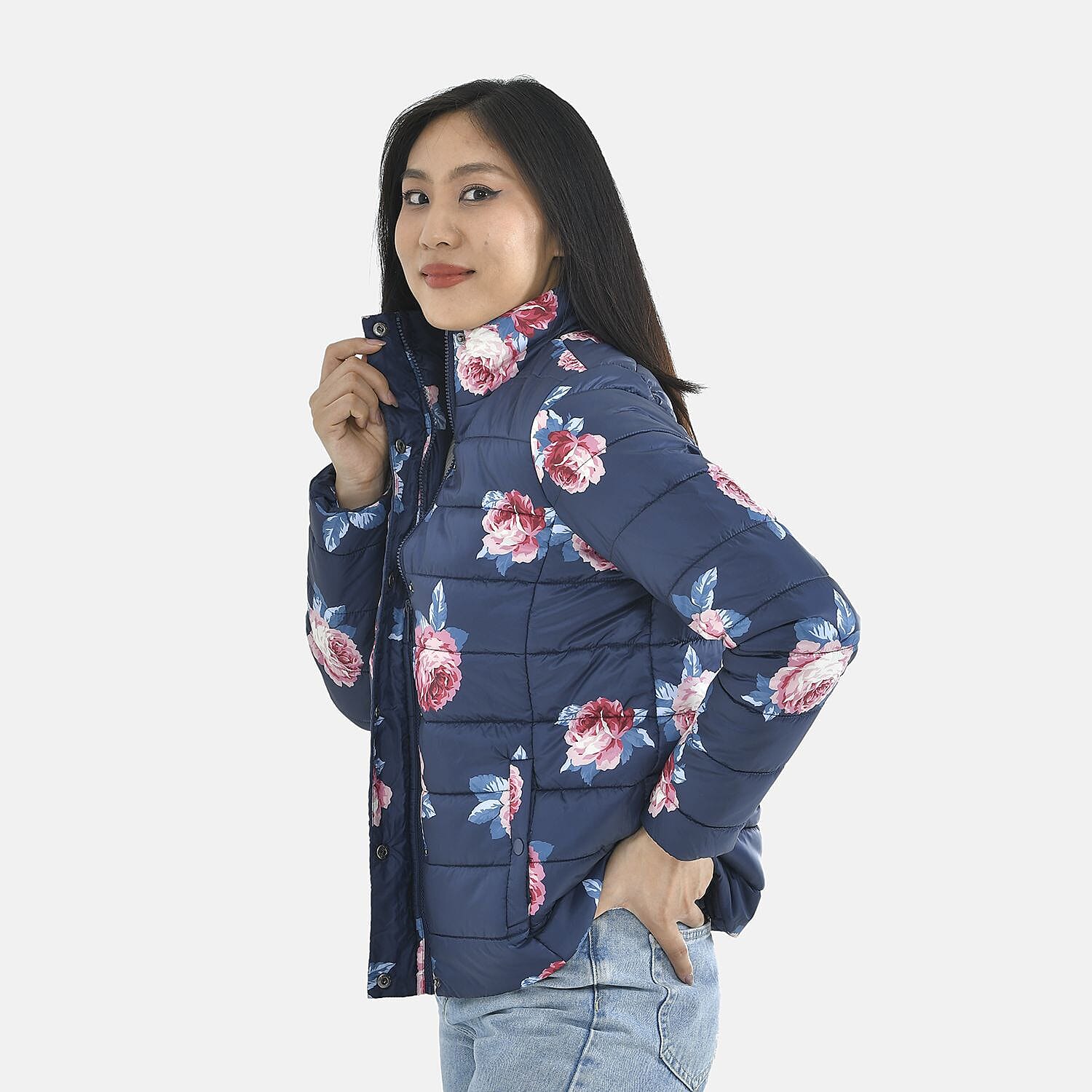 TAMSY Peony Patterned Padded Jacket with 2 Side Pockets (Size M, 104x63 cm) - Navy