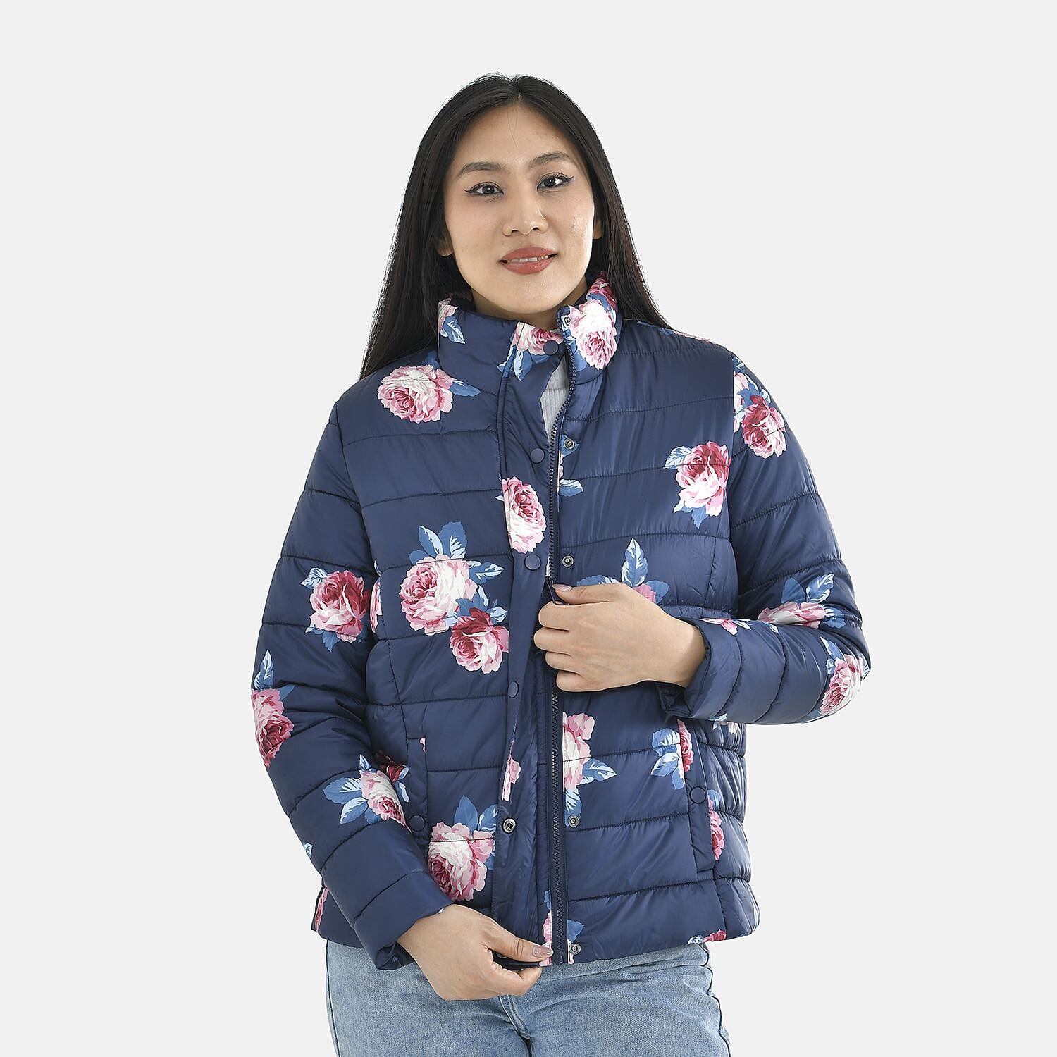 TAMSY Peony Patterned Padded Jacket with 2 Side Pockets (Size M, 104x63 cm) - Navy