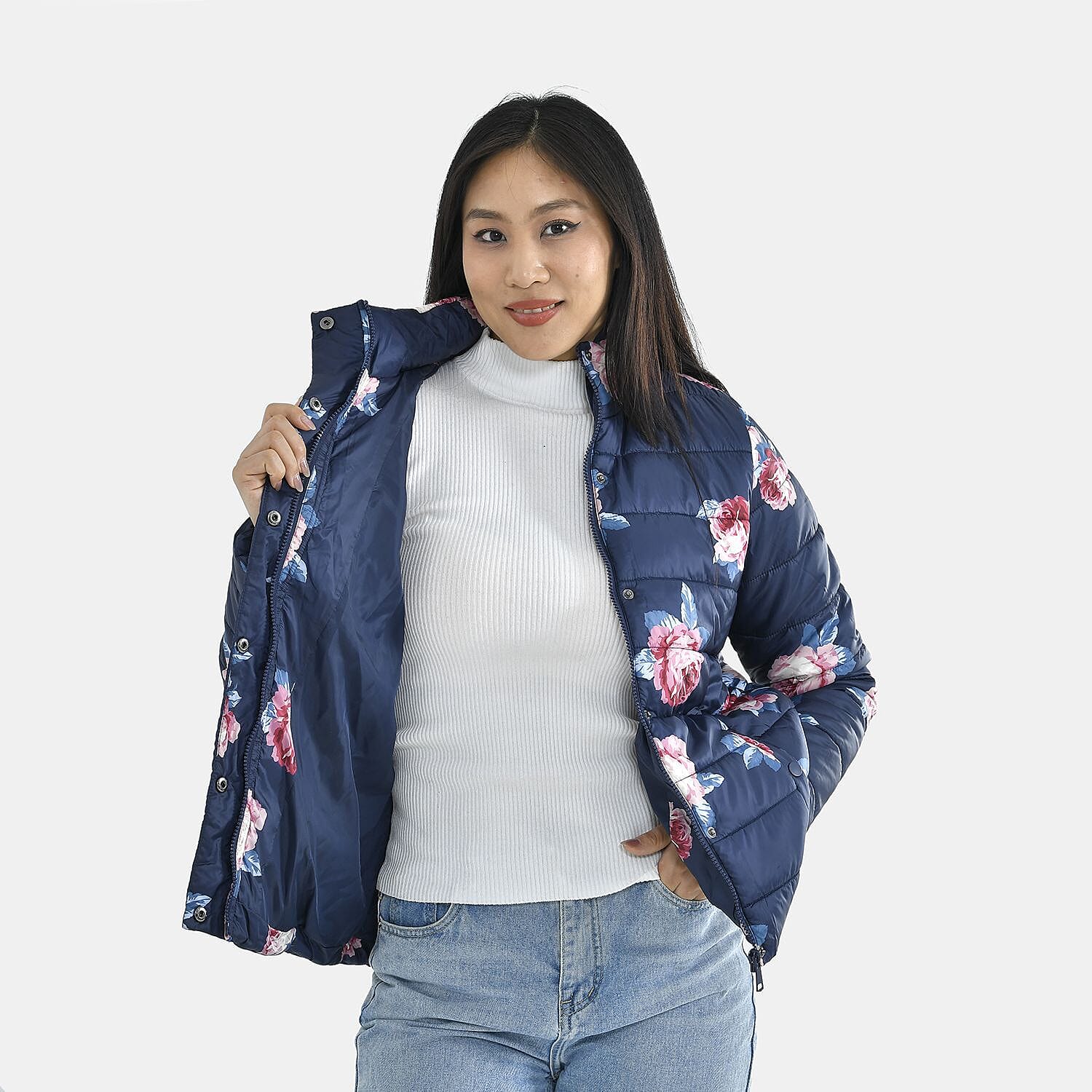 TAMSY Peony Patterned Padded Jacket with 2 Side Pockets (Size M, 104x63 cm) - Navy
