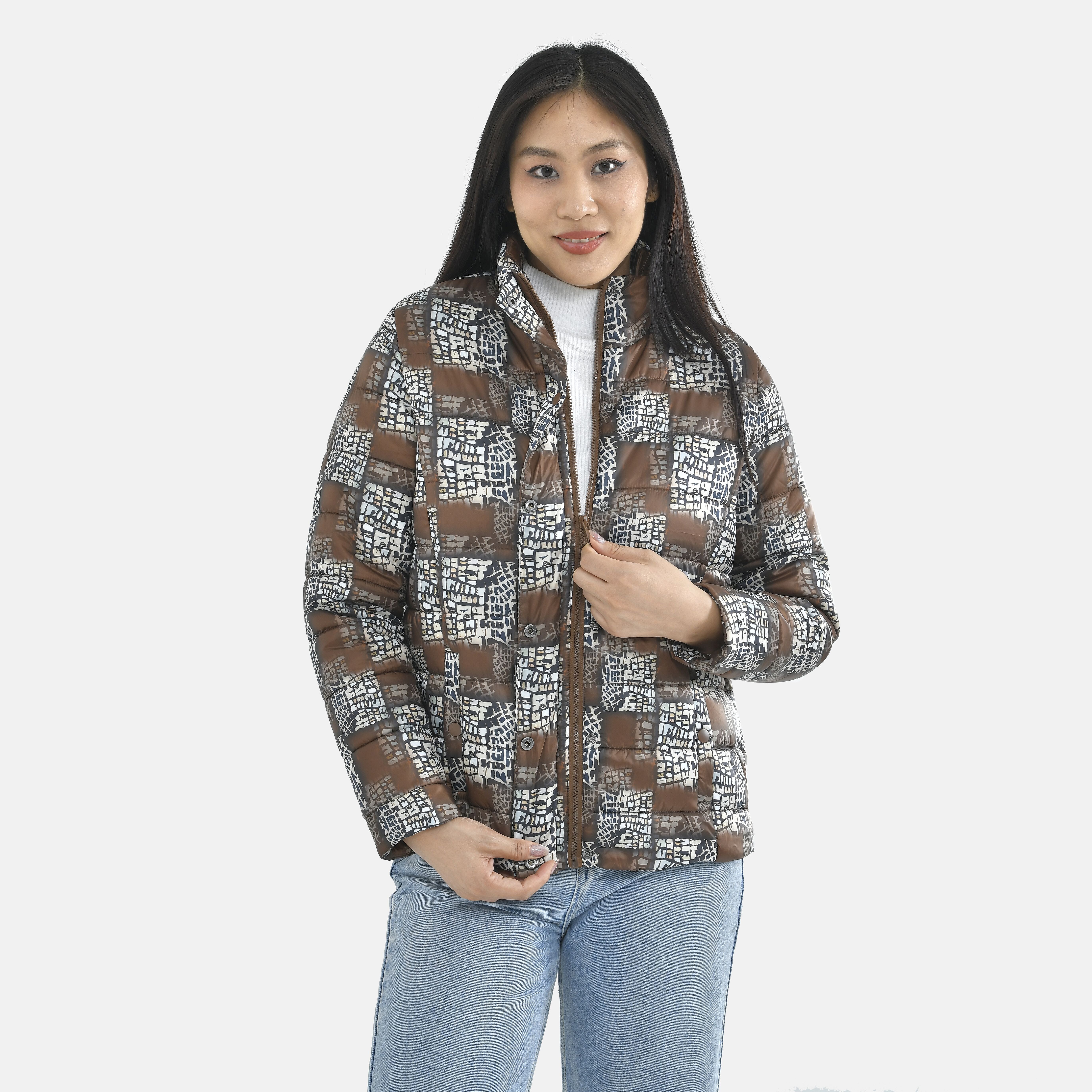 TAMSY Checker Pattern Padded Jacket (Size S,8-10) - Brown