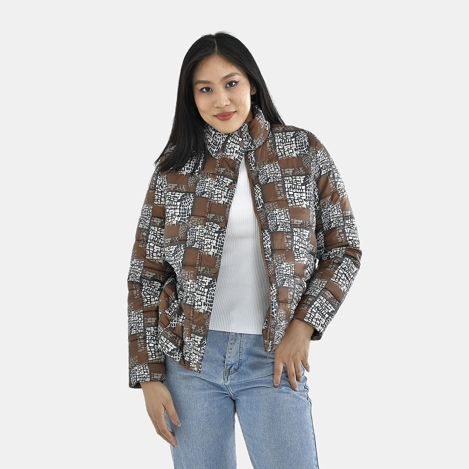 TAMSY Checker Pattern Padded Jacket (Size S,8-10) - Brown