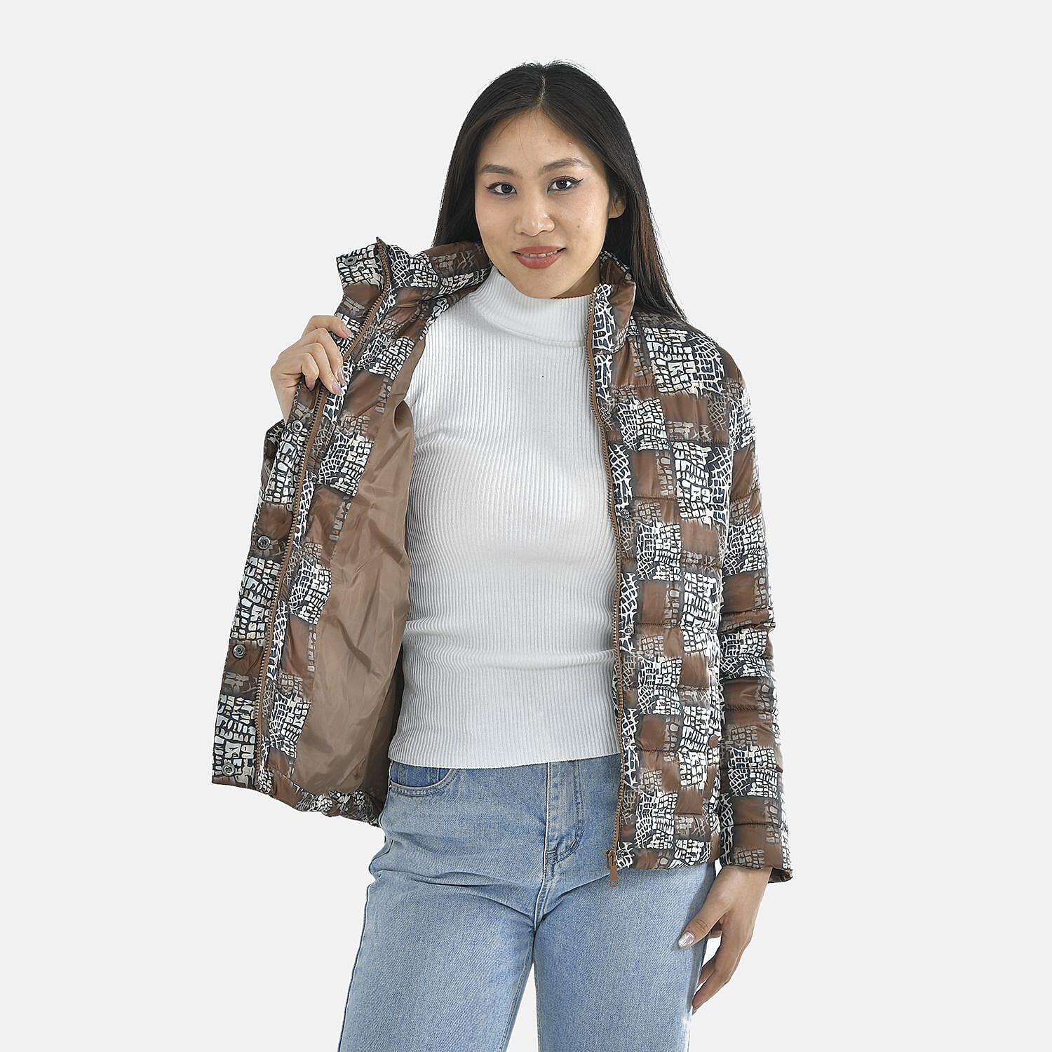 TAMSY Checker Pattern Padded Jacket (Size S,8-10) - Brown