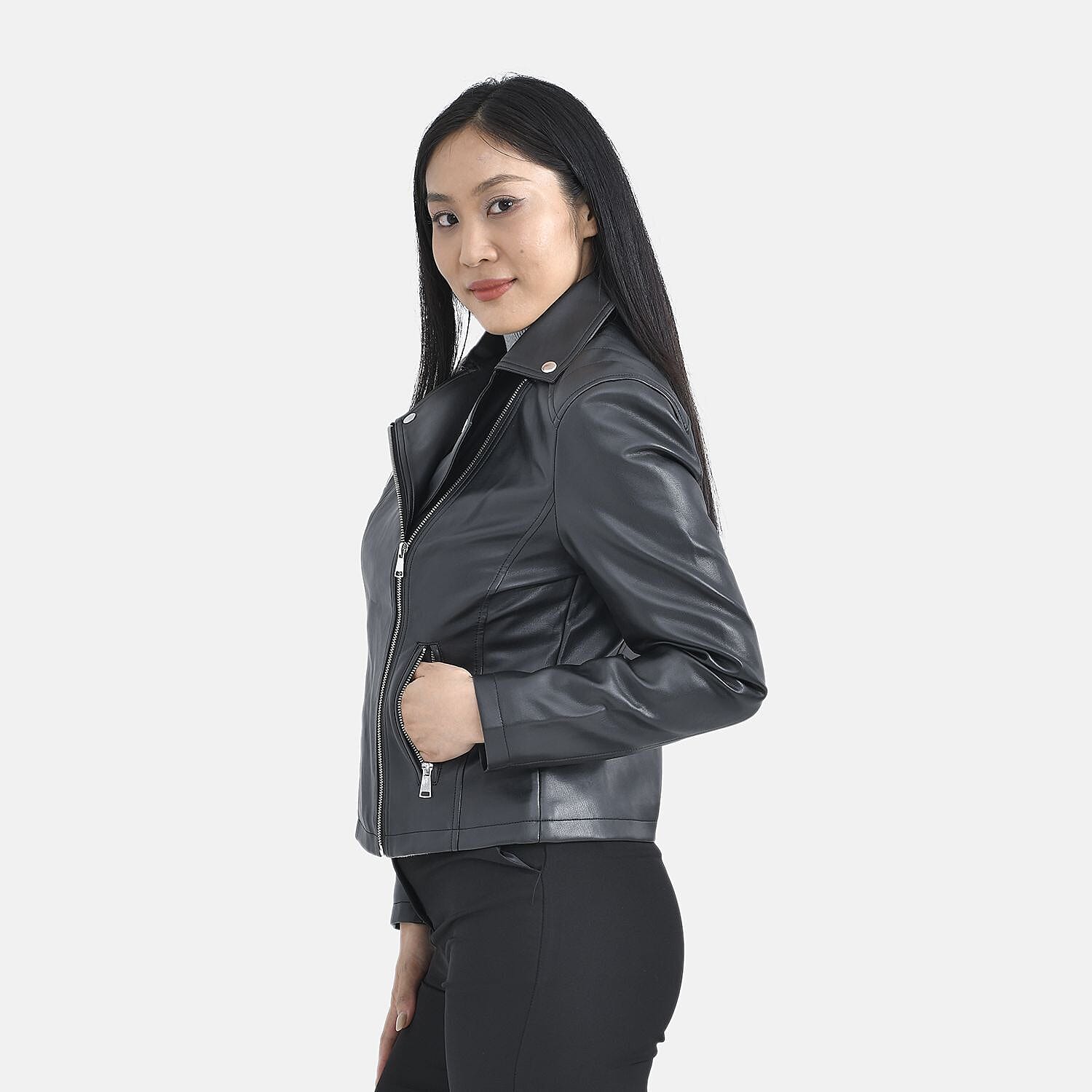 TAMSY Lapel Collar Jacket with Zipper Pockets (Size M) - Black