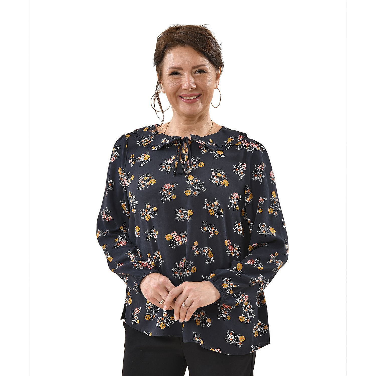 TAMSY Viscose Floral Pattern Collar Blouse - Navy
