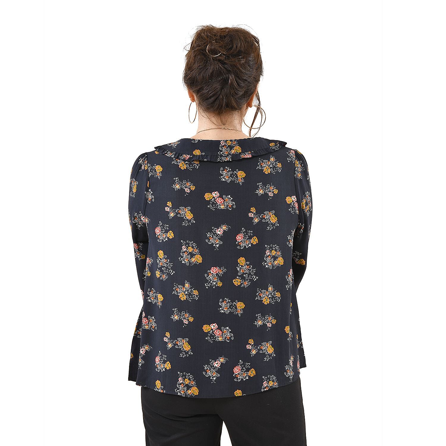 TAMSY 100% Viscose Floral Pattern Collar Blouse (Size L,16-18) - Black