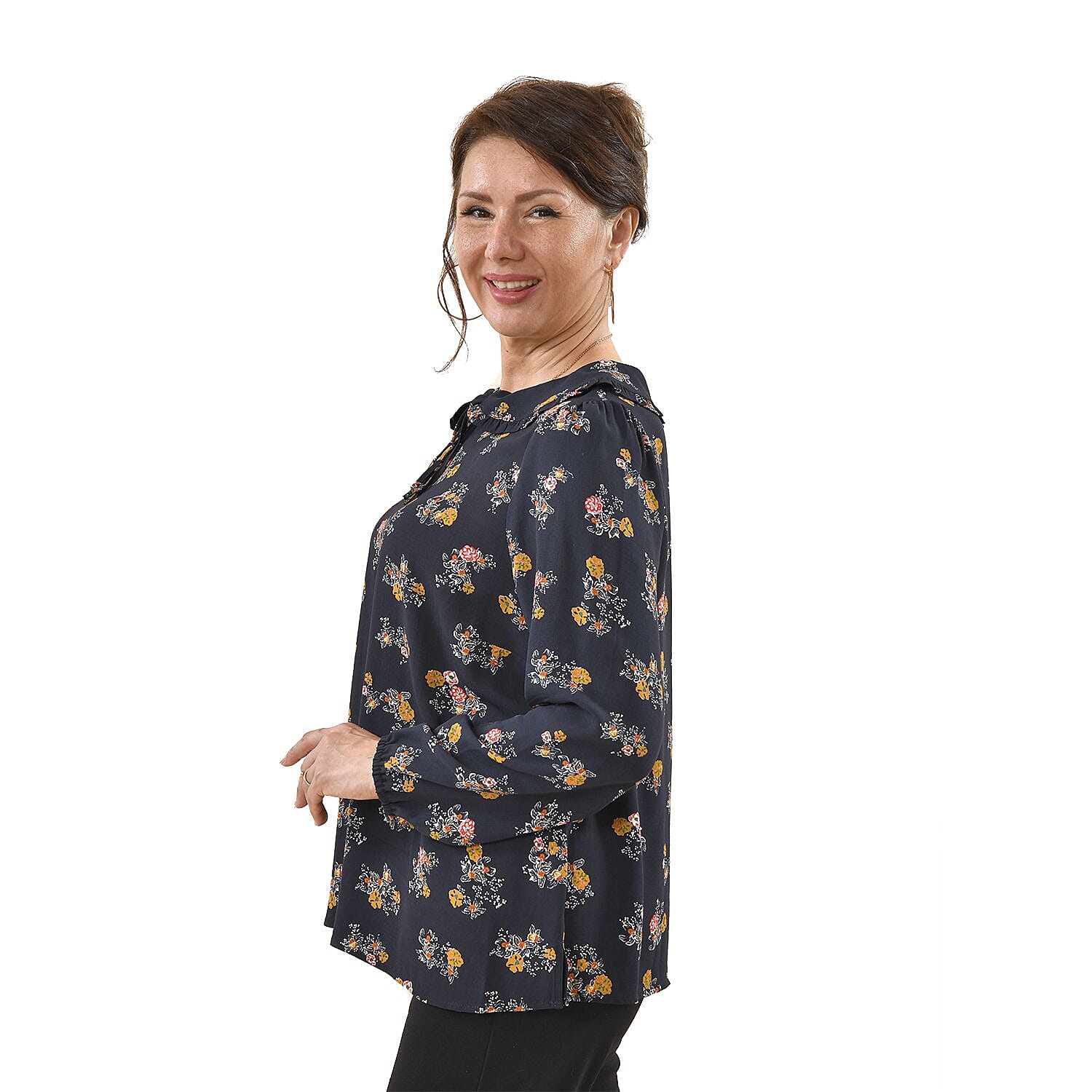 TAMSY 100% Viscose Floral Pattern Collar Blouse (Size L,16-18) - Black