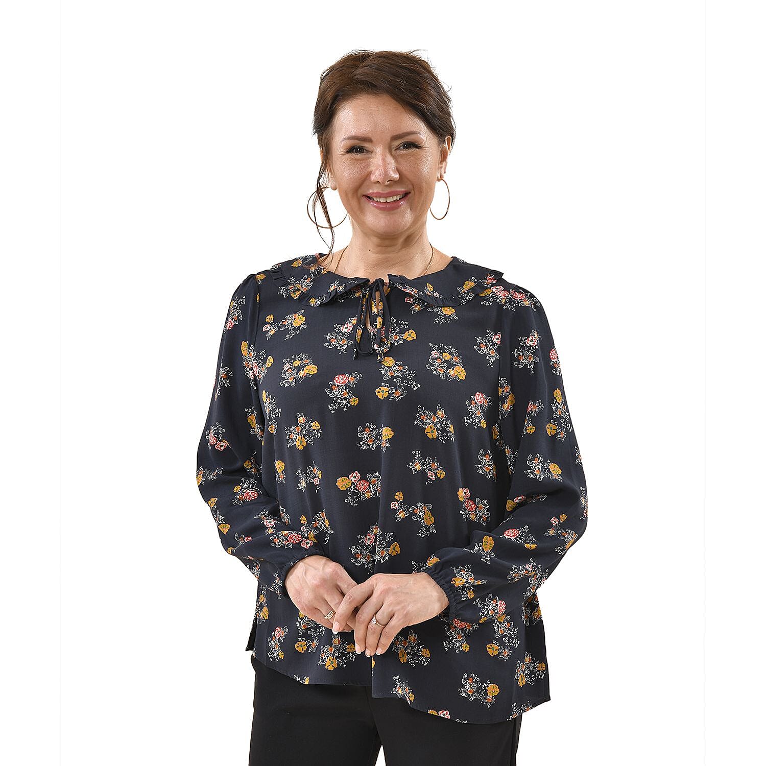 TAMSY 100% Viscose Floral Pattern Collar Blouse (Size L,16-18) - Black