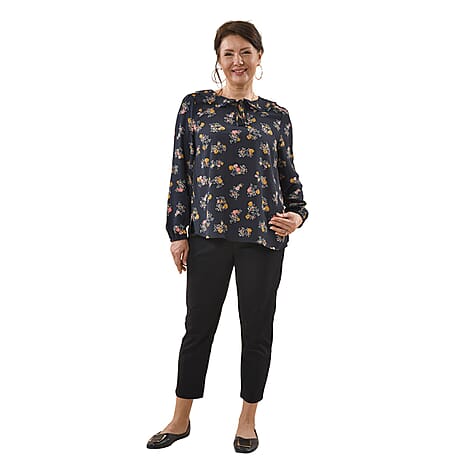 TAMSY 100% Viscose Floral Pattern Collar Blouse (Size XL,20-22) - Black