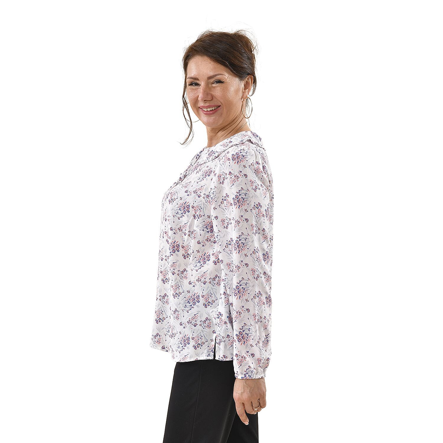 TAMSY 100% Viscose Floral Pattern Collar Blouse (Size M,12-14) - White