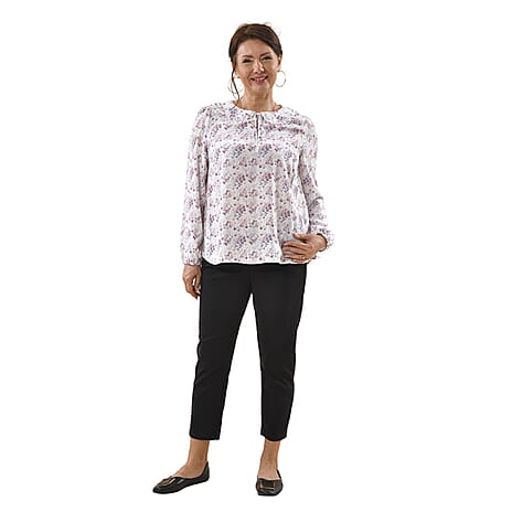 TAMSY 100% Viscose Floral Pattern Collar Blouse (Size XXL,24-26) - White