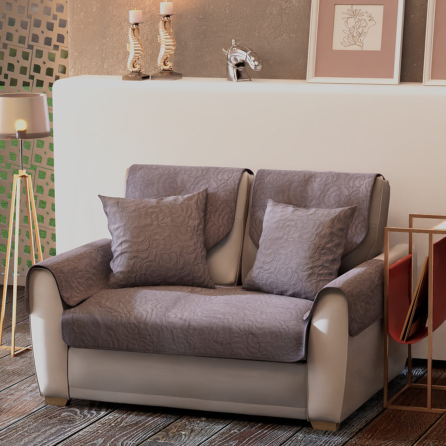 7 Piece Set - Ultrasonic Double Sofa Cover (Size 119x75 Cm), 2 Back Cover (Size 90x60 Cm), 2 Cusion Cover (Size 45 Cm) and 2 Arm Cover (Size 52x45 Cm) - Light Grey