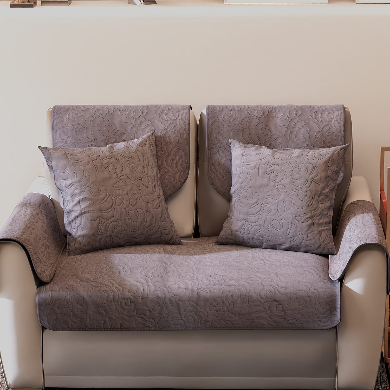 7 Piece Set - Ultrasonic Double Sofa Cover (Size 119x75 Cm), 2 Back Cover (Size 90x60 Cm), 2 Cusion Cover (Size 45 Cm) and 2 Arm Cover (Size 52x45 Cm) - Light Grey