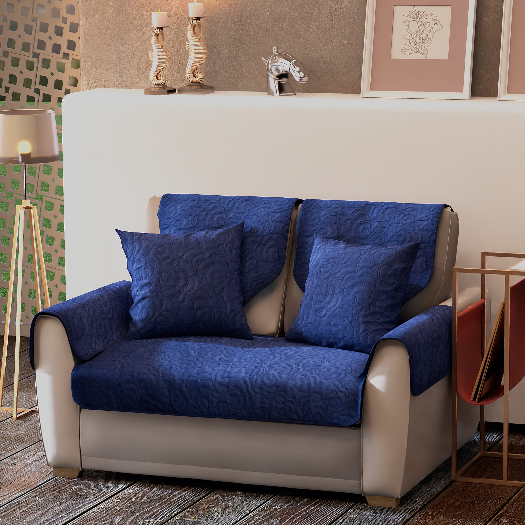 7 Piece Set - Double Sofa Cover (Size 119x75 Cm), 2 Back Cover (Size 90x60 Cm), 2 Cusion Cover (Size 45 Cm) and 2 Arm Cover (Size 52x45 Cm) - Teal Blue