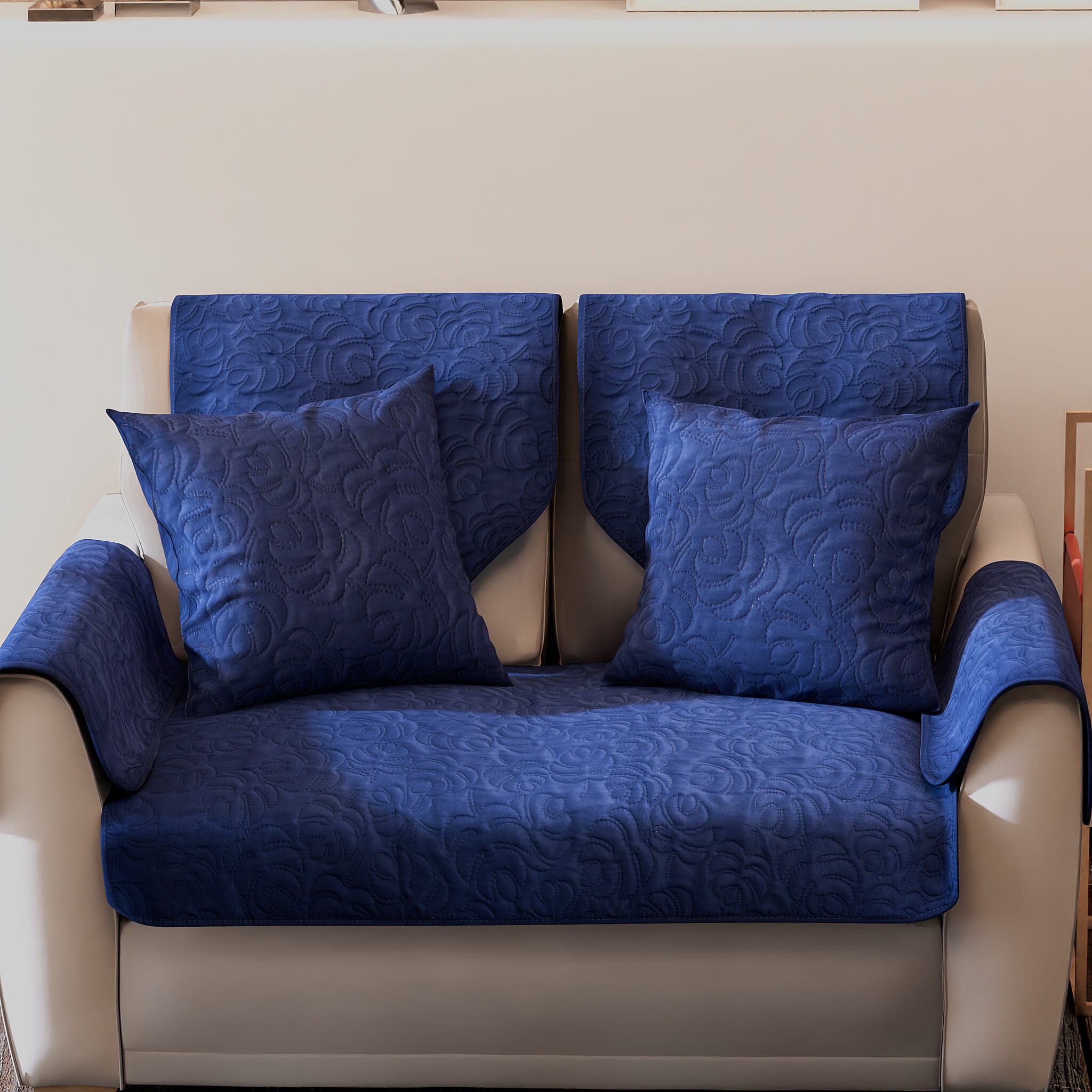 7 Piece Set - Double Sofa Cover (Size 119x75 Cm), 2 Back Cover (Size 90x60 Cm), 2 Cusion Cover (Size 45 Cm) and 2 Arm Cover (Size 52x45 Cm) - Teal Blue