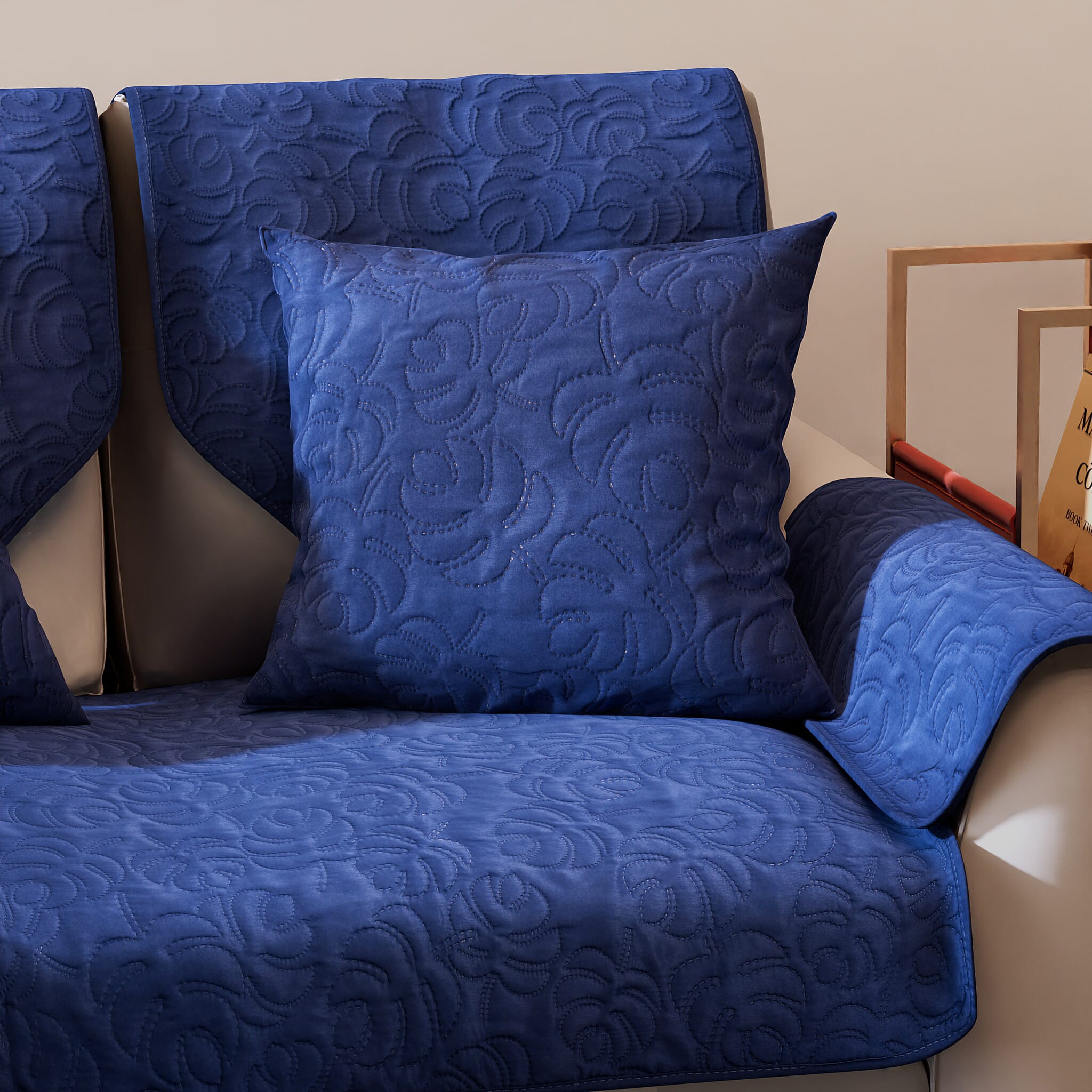 7 Piece Set - Double Sofa Cover (Size 119x75 Cm), 2 Back Cover (Size 90x60 Cm), 2 Cusion Cover (Size 45 Cm) and 2 Arm Cover (Size 52x45 Cm) - Teal Blue