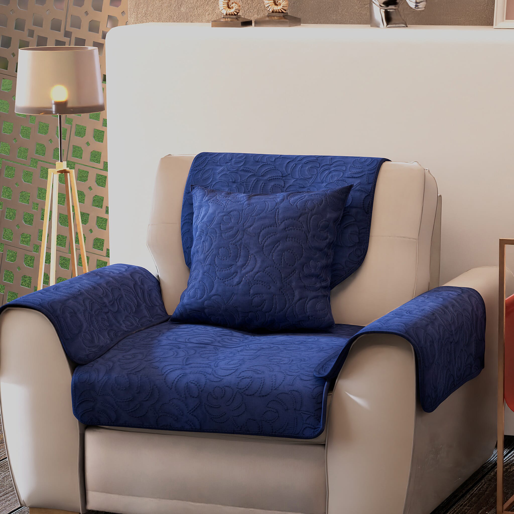 5 Piece Set - Ultrasonic Armchair Cover (Size 61x75 Cm), Back Cover (Size 90x60 Cm), Cushion Cover (Size 45 Cm) and 2 Arm Cover (Size 52x45 Cm) - Teal Blue