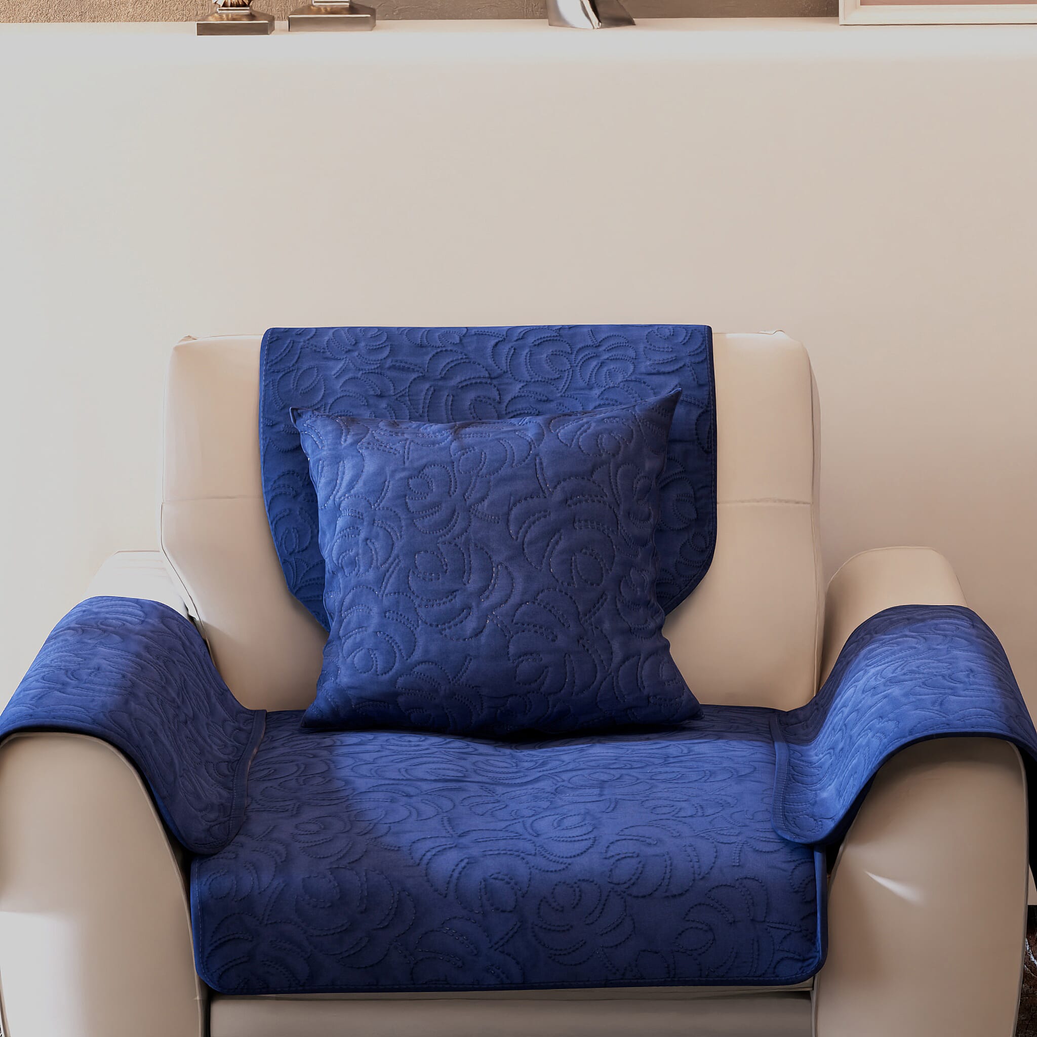 5 Piece Set - Ultrasonic Armchair Cover (Size 61x75 Cm), Back Cover (Size 90x60 Cm), Cushion Cover (Size 45 Cm) and 2 Arm Cover (Size 52x45 Cm) - Teal Blue