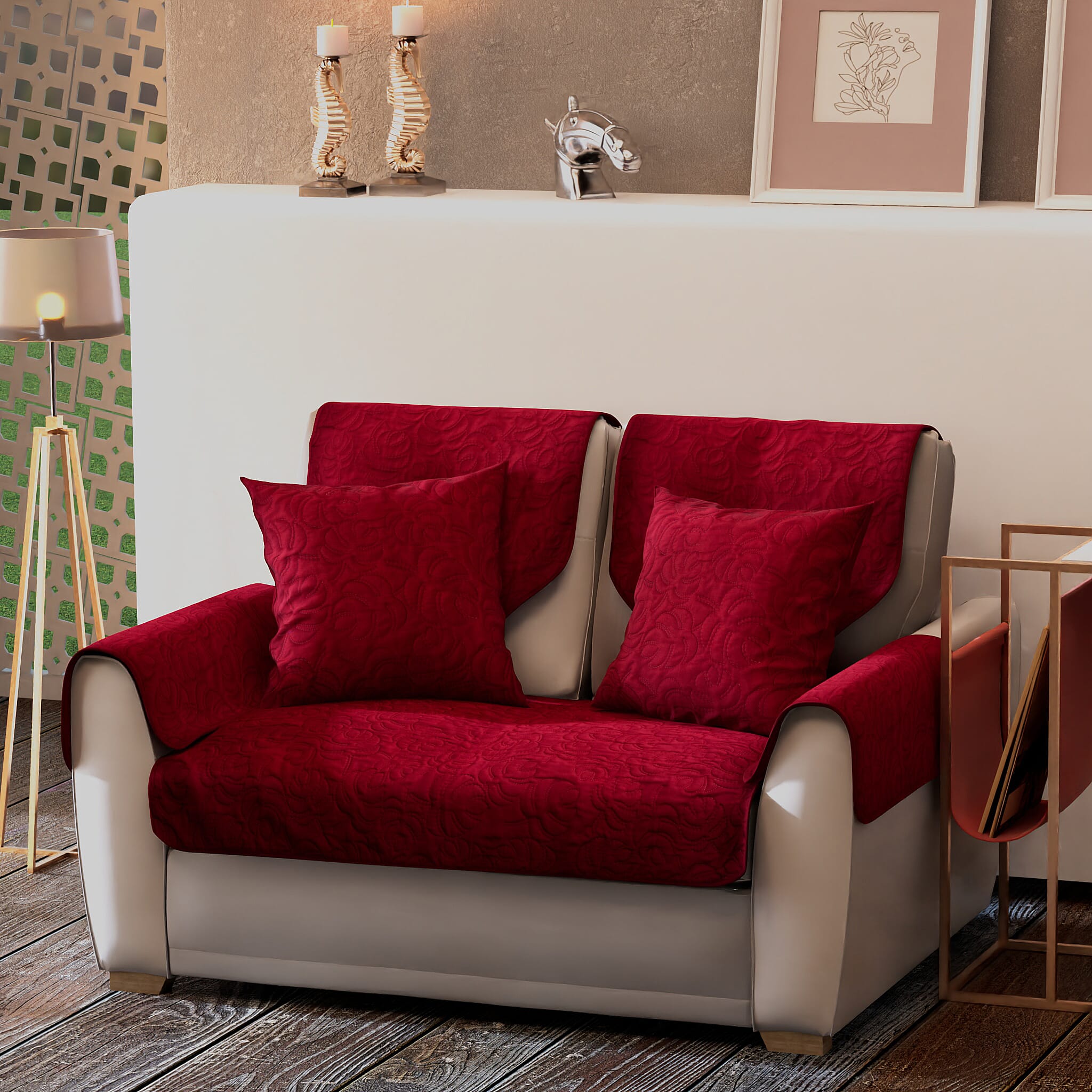 7 Piece Set - Ultrasonic Double Sofa Cover (Size 119x75 Cm), 2 Back Cover (Size 90x60 Cm), 2 Cusion Cover (Size 45 Cm) and 2 Arm Cover (Size 52x45 Cm) - Burgundy