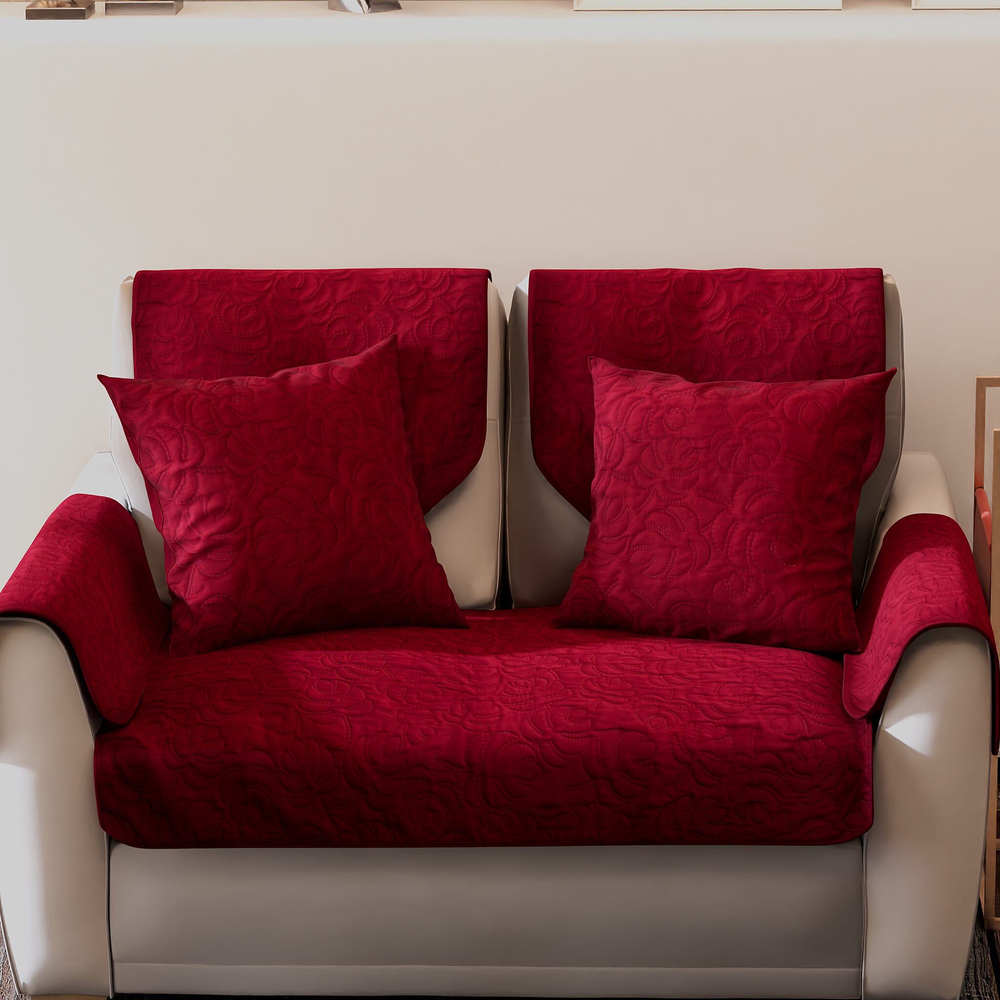 7 Piece Set - Ultrasonic Double Sofa Cover (Size 119x75 Cm), 2 Back Cover (Size 90x60 Cm), 2 Cusion Cover (Size 45 Cm) and 2 Arm Cover (Size 52x45 Cm) - Burgundy