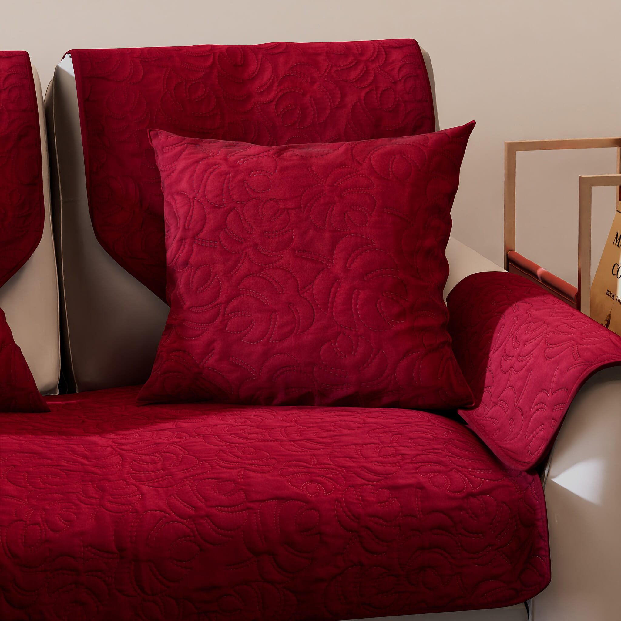 7 Piece Set - Ultrasonic Double Sofa Cover (Size 119x75 Cm), 2 Back Cover (Size 90x60 Cm), 2 Cusion Cover (Size 45 Cm) and 2 Arm Cover (Size 52x45 Cm) - Burgundy