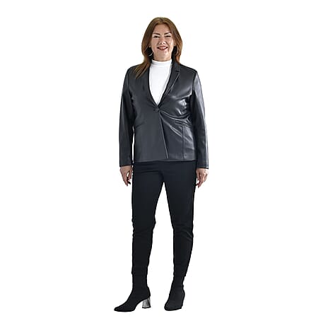 Tamsy Faux Leather Long Sleeves Blazer with Notched Lapel Collar (Size S,8-10) - Black