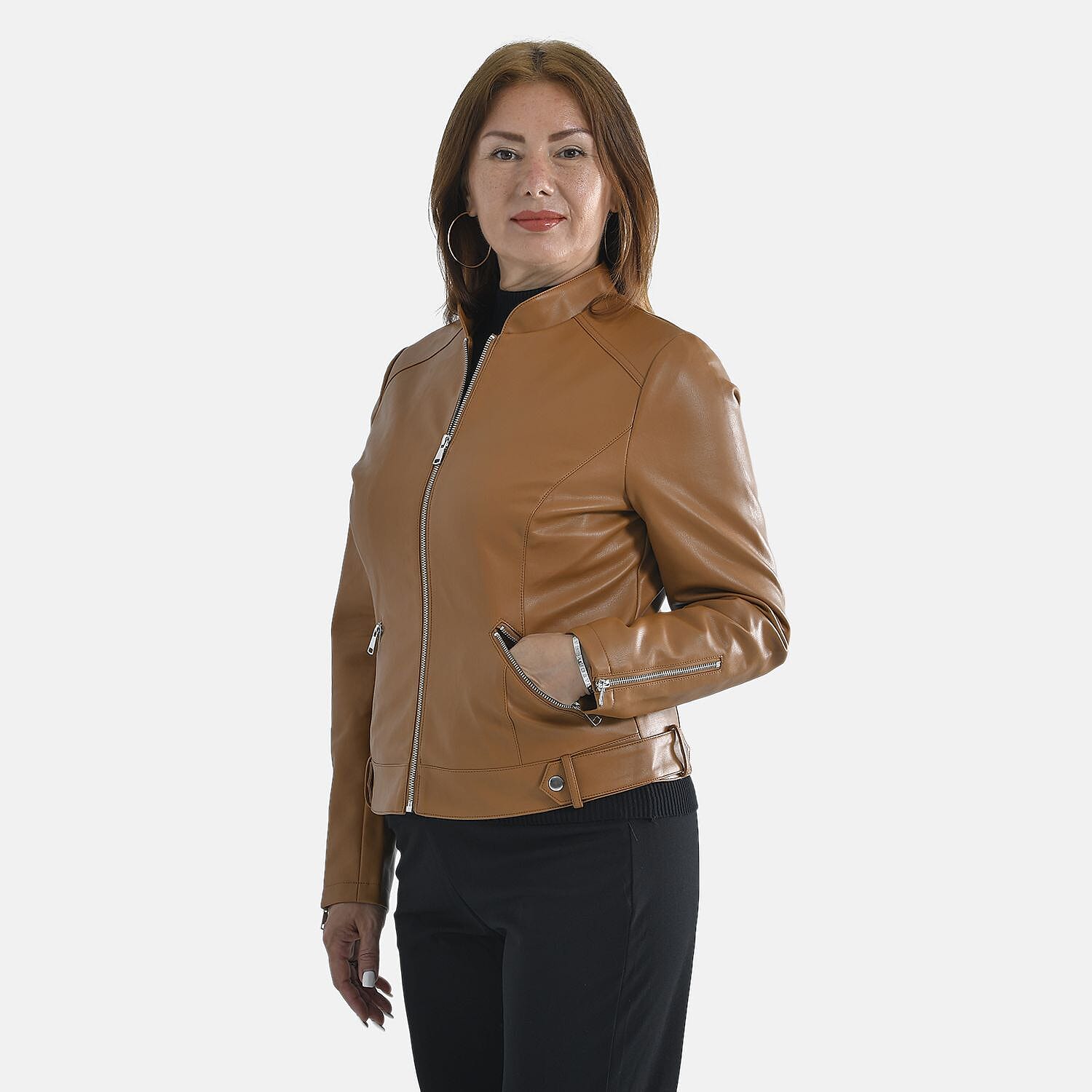 TAMSY Long Sleeve Jacket with Stand Collar (Size M) - Camel