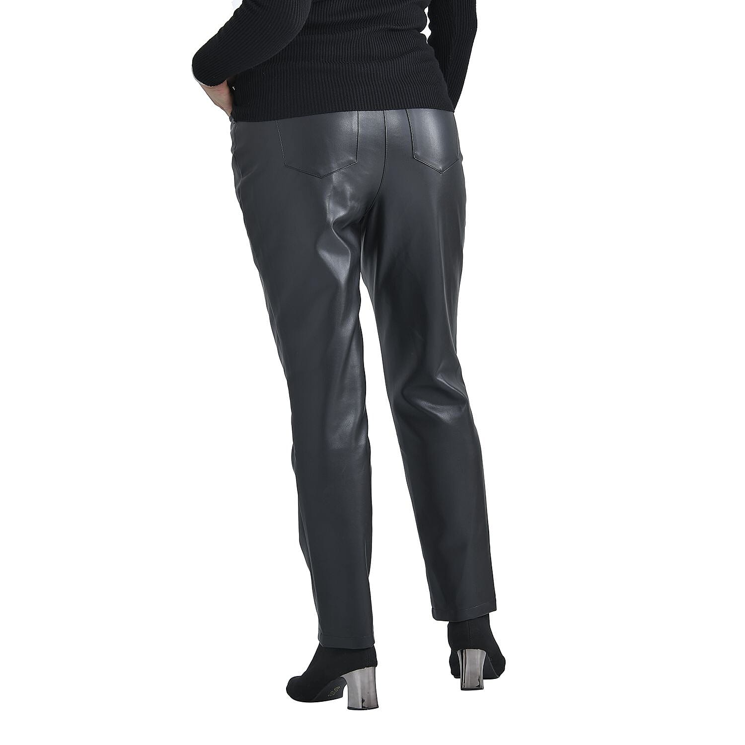 TAMSY Black PU Leather Look Trousers (Size 12)