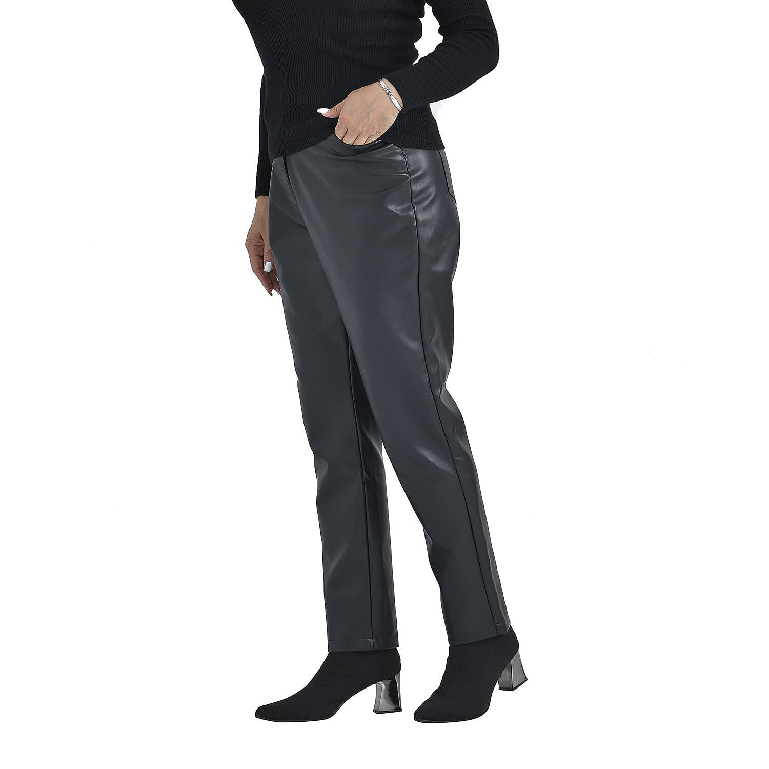 TAMSY Black PU Leather Look Trousers (Size 12)