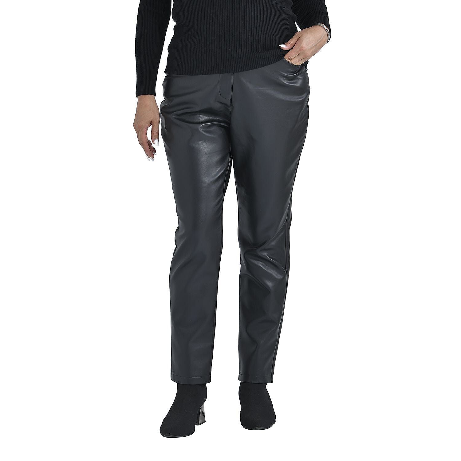 TAMSY Black PU Leather Look Trousers (Size 12)