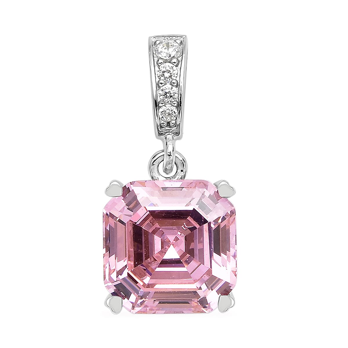 ELANZA Simulated Pink Sapphire (Asscher Cut) and Simulated Diamond Pendant in Rhodium Overlay Sterling Silver