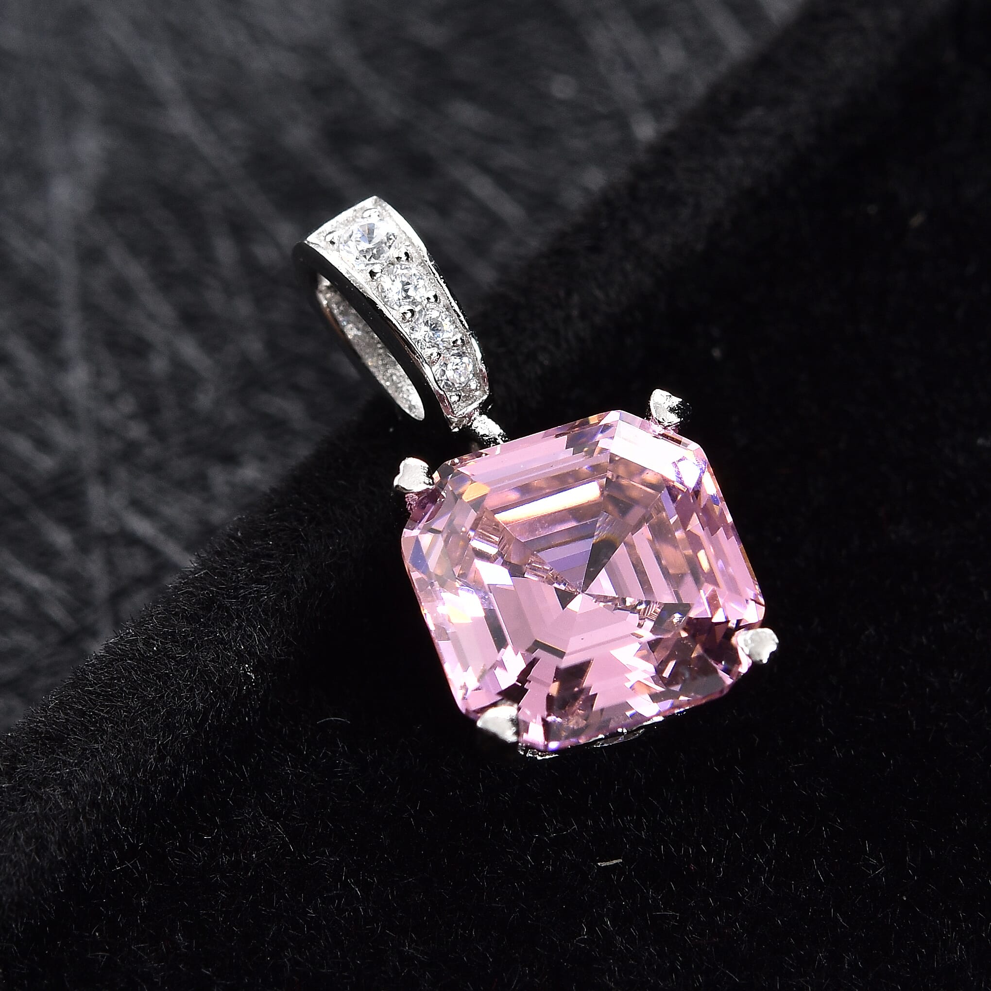 ELANZA Simulated Pink Sapphire (Asscher Cut) and Simulated Diamond Pendant in Rhodium Overlay Sterling Silver