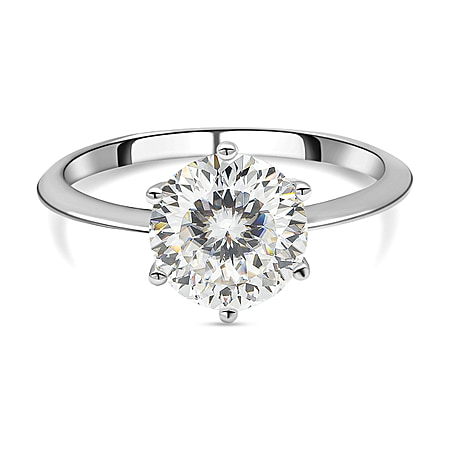 Moissanite Solitaire Engagement Ring in Rhodium Overlay Sterling Silver 2 Carat