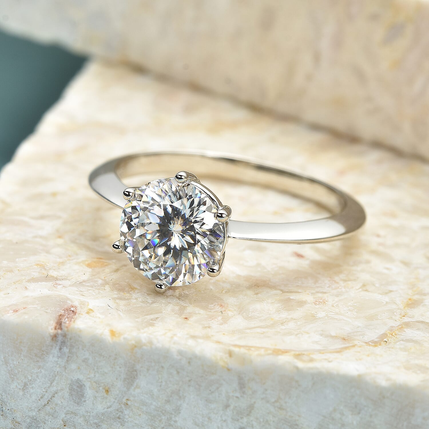 Moissanite (120 Faceted) Solitaire Ring in Platinum Overlay Sterling Silver 1.82 Ct.