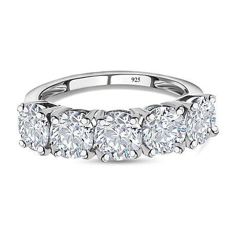 Moissanite 5 Stone Ring in Rhodium Overlay Sterling Silver 2.25 Ct.