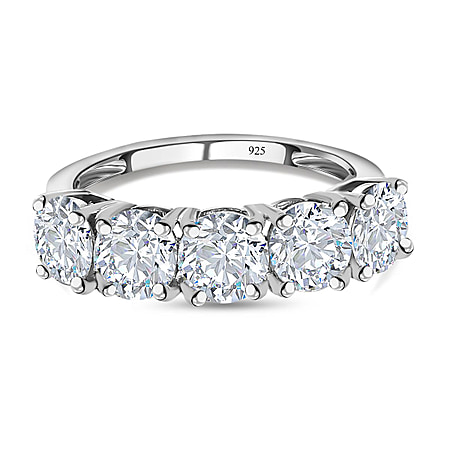 Moissanite 5 Stone Ring in Rhodium Plated Sterling Silver 2.25 Ct.