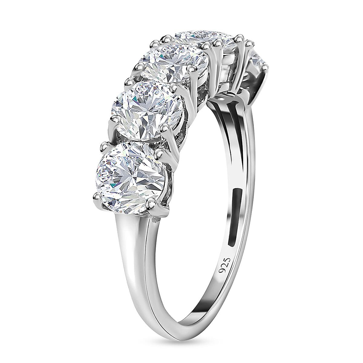 Moissanite 5 Stone Ring in Rhodium Overlay Sterling Silver 2.25 Ct. Moissanite 5 Stone Ring in Rhodium Overlay Sterling Silver 2.25 Ct.