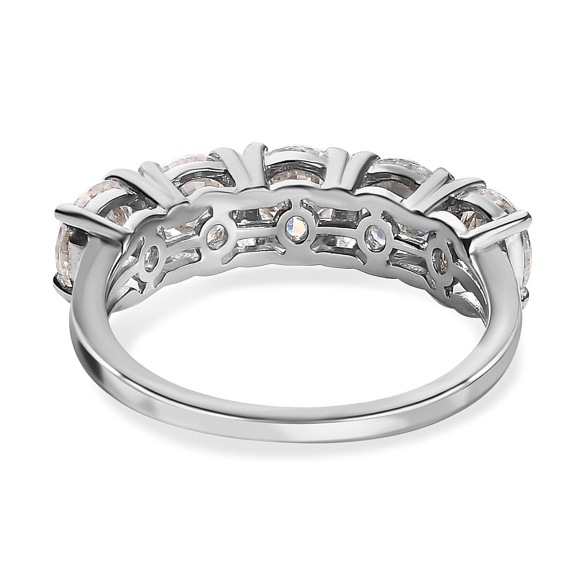 Moissanite 5 Stone Ring in Rhodium Overlay Sterling Silver 2.25 Ct. Moissanite 5 Stone Ring in Rhodium Overlay Sterling Silver 2.25 Ct.