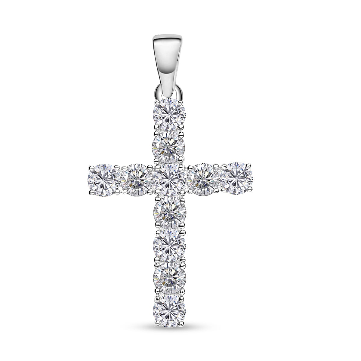 Moissanite Cross Pendant With Chain (Size - 18) in Rhodium Overlay Sterling Silver 1.00 Ct.