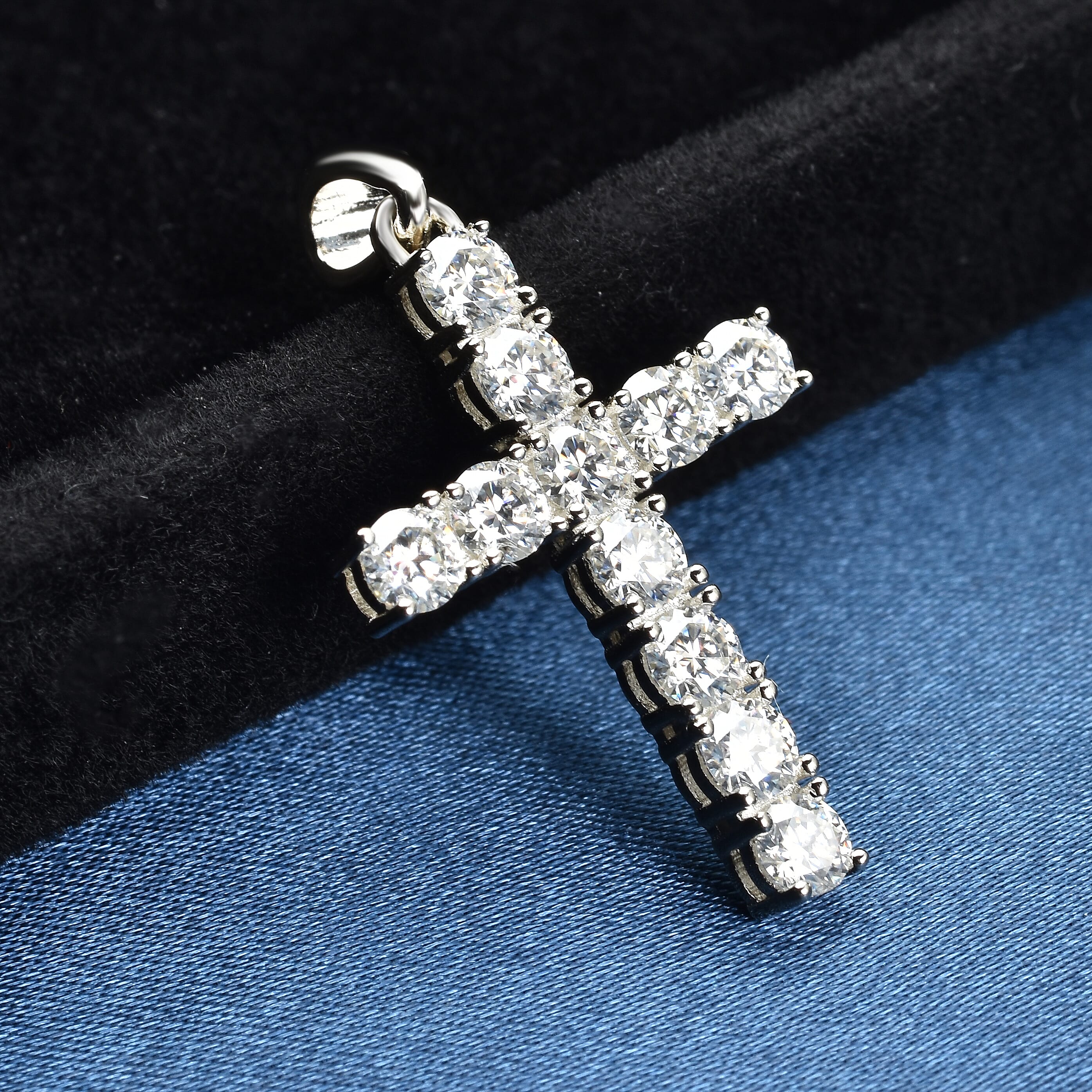 Moissanite Cross Pendant With Chain (Size - 18) in Rhodium Overlay Sterling Silver 1.00 Ct.