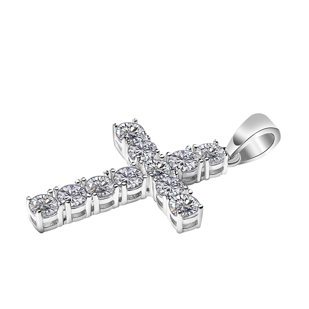 Moissanite Cross Pendant With Chain (Size - 18) in Rhodium Overlay Sterling Silver 1.00 Ct.