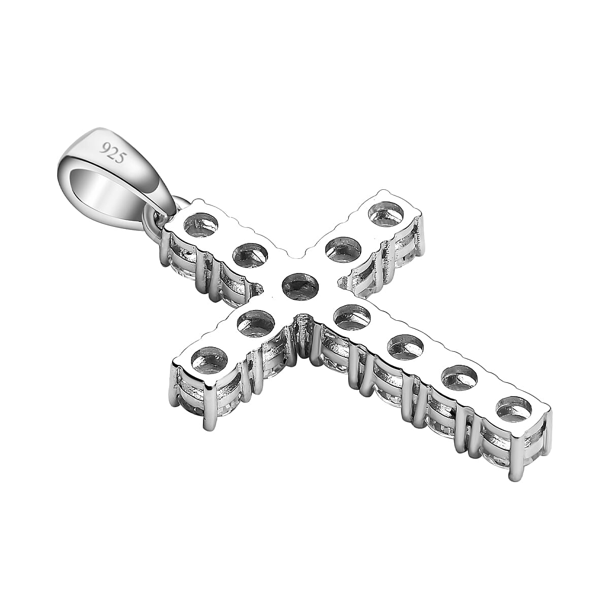 Moissanite Cross Pendant With Chain (Size - 18) in Rhodium Overlay Sterling Silver 1.00 Ct.