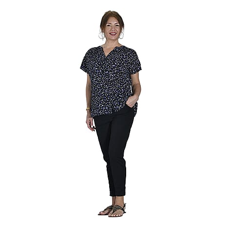 TAMSY Printed V-Neck Short Sleeves Blouse (Size L) - Black