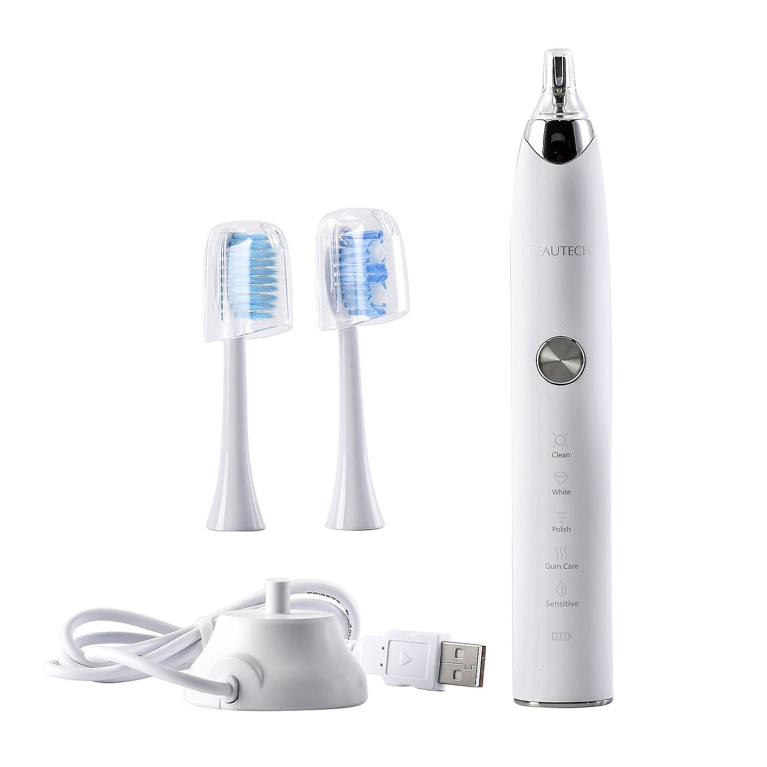 BEAUTECH Sonic Electric Rechargeable Waterproof Toothbrush with 2 Replaceable Brush Heads (5V 3W) - Pearl White