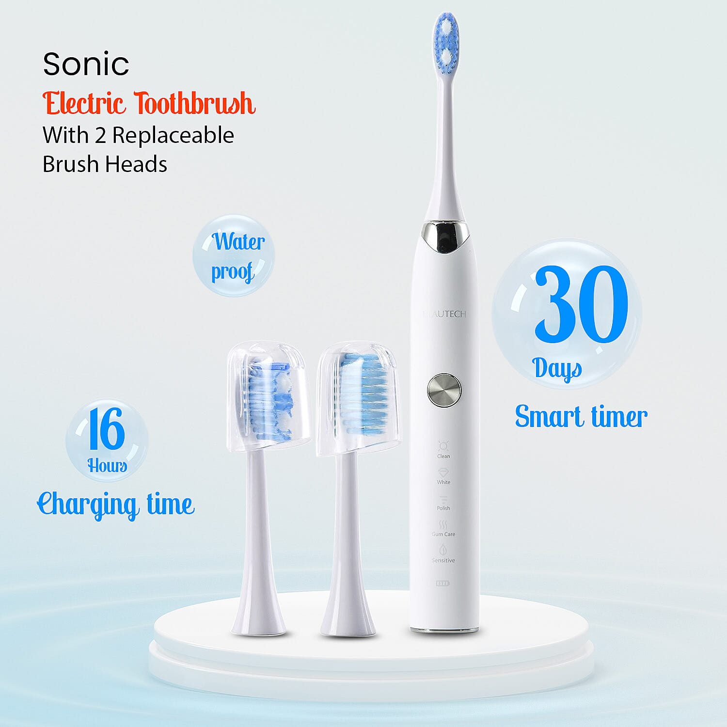 BEAUTECH Sonic Electric Rechargeable Waterproof Toothbrush with 2 Replaceable Brush Heads (5V 3W) - Pearl White