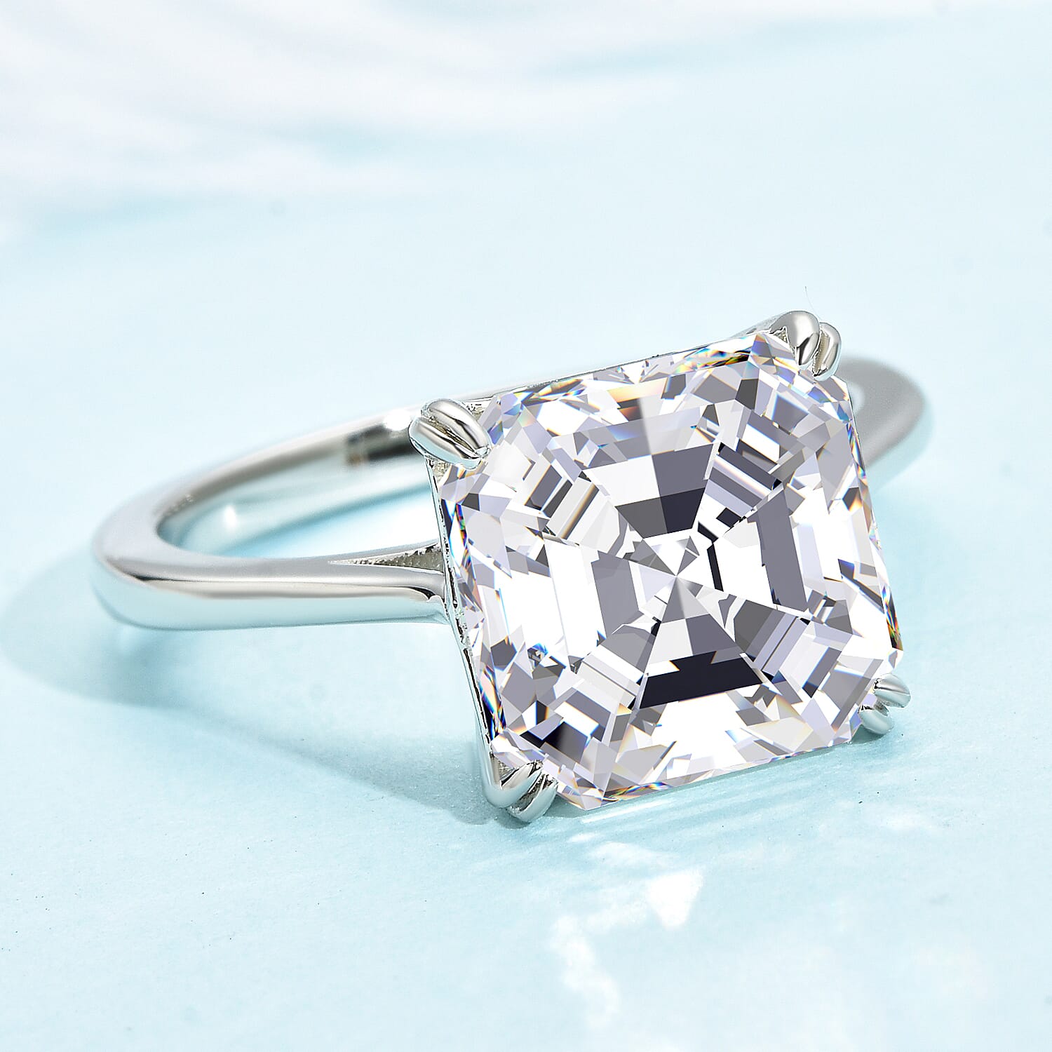 Moissanite (Asscher Cut) Solitaire Ring in Rhodium Overlay Sterling Silver 5.00 Ct.