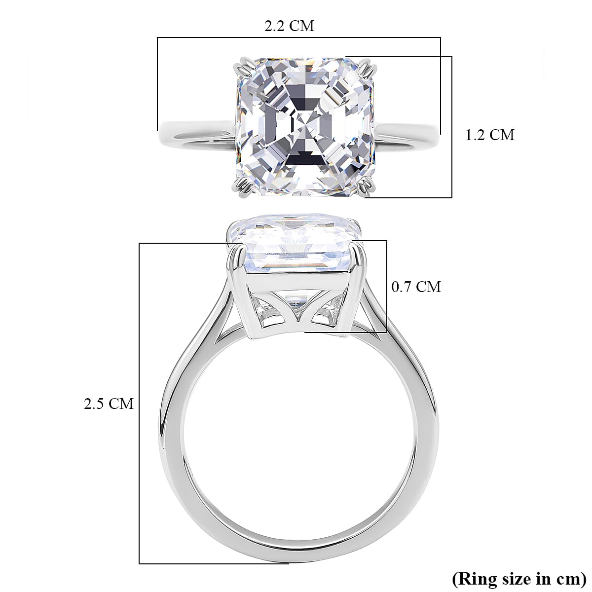 Moissanite (Asscher Cut) Solitaire Ring in Rhodium Overlay Sterling Silver 5.00 Ct.