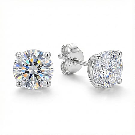 Moissanite Stud Earrings with Push Back in Platinum Overlay Sterling Silver